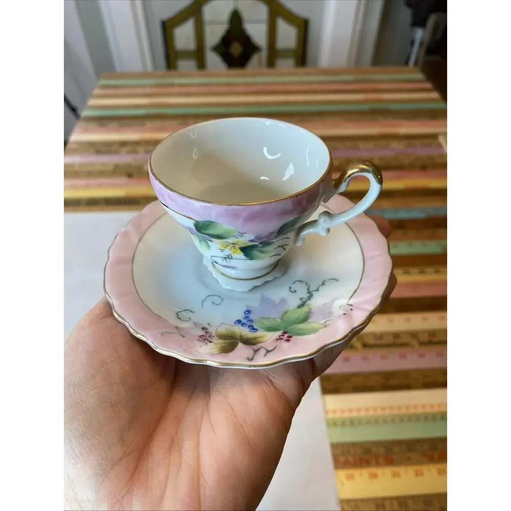 Fern Japan Hand Painted Tea Cup & Saucer Set Of 2 Strawberries Floral 4 PCs